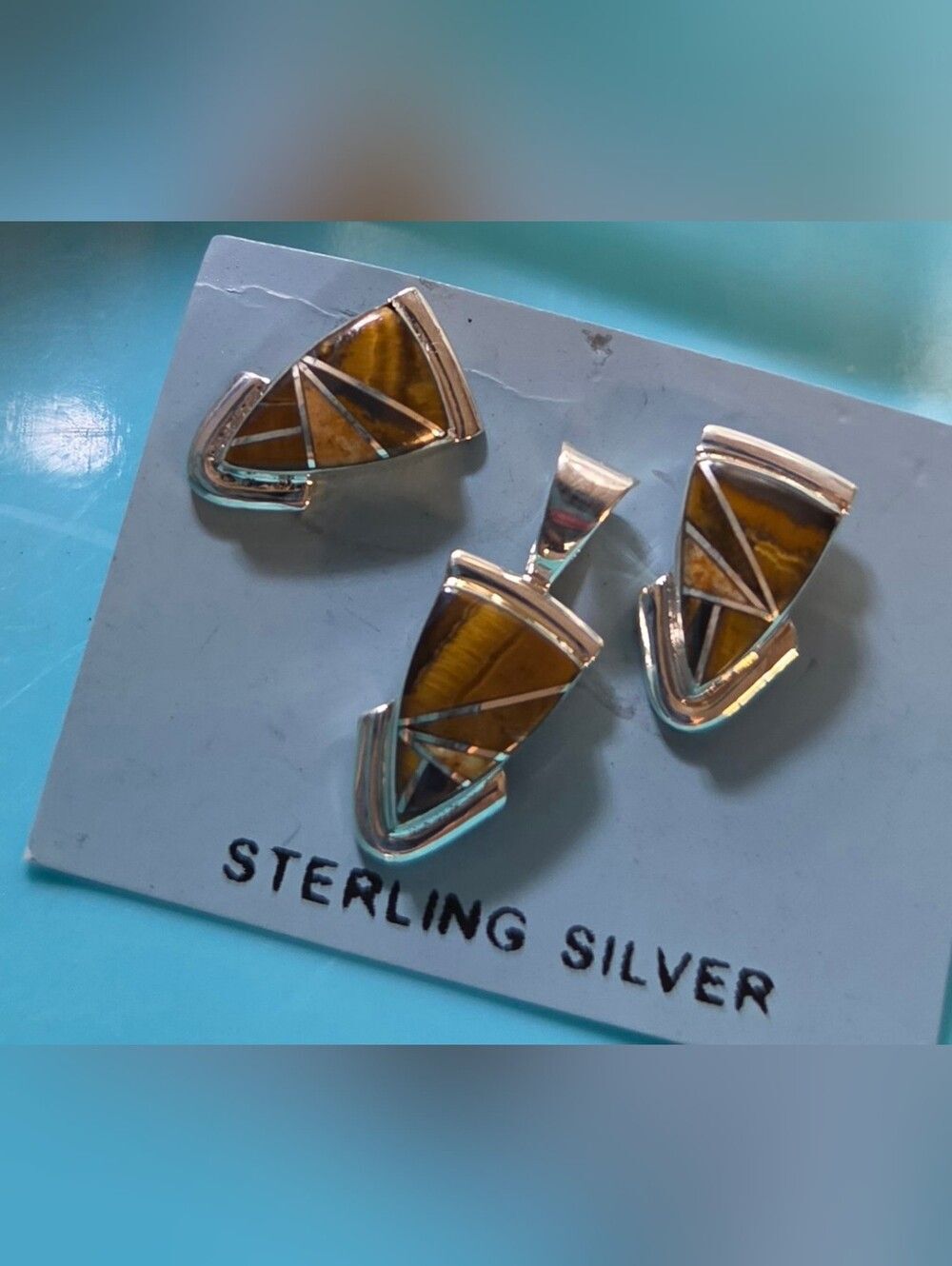 RB Sterling Silver Tiger Eye Pendant Earring Set